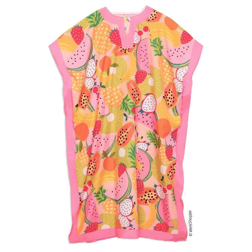 Workshoppe Squeeze The Day Caftan Tropical Fruit Kaftan Maxi Dress Pink Trim OS
